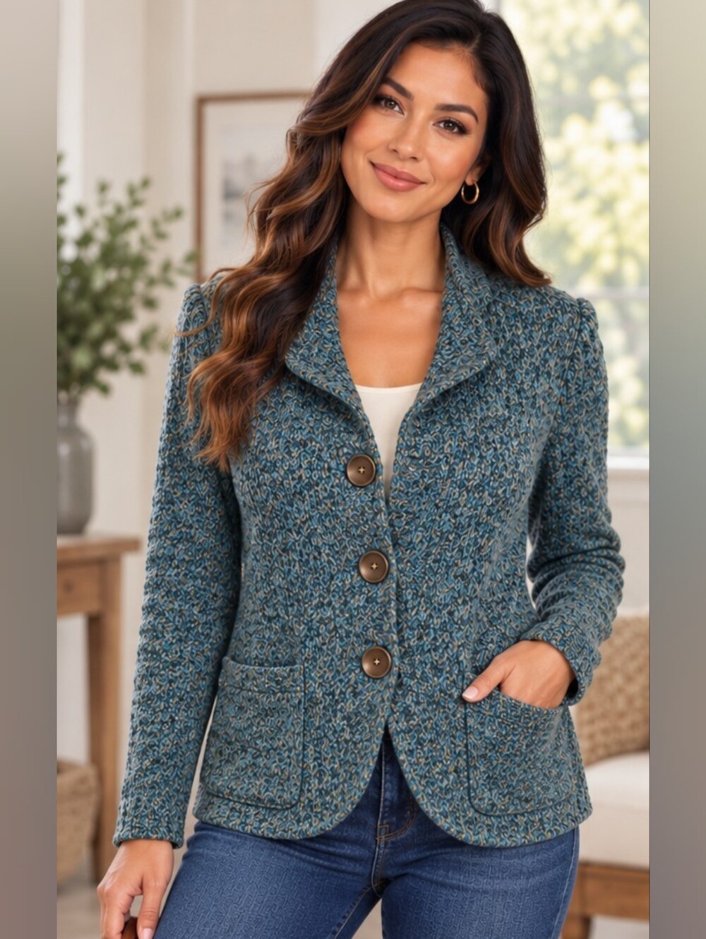 FEVER | Teal Blue Textured Knit Sweater Jacket w/ Brass Buttons | EUC | L